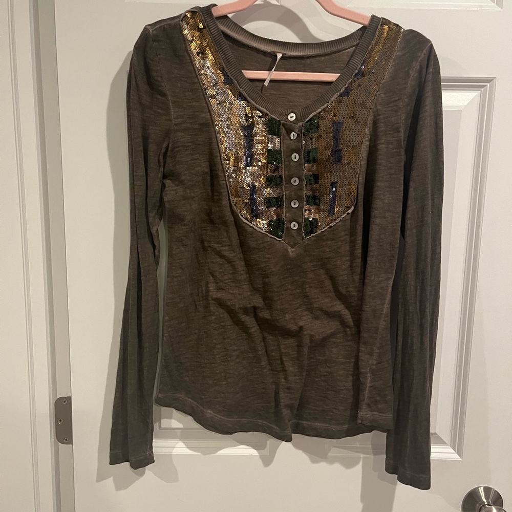 Free People Brown and Green Embellished Blouse